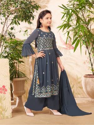 Aarika girls ethnic wear grey colour sequin embroidery georgette kurta sharara set 2