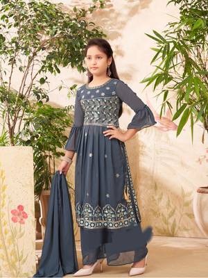 Aarika girls ethnic wear grey colour sequin embroidery georgette kurta sharara set 3