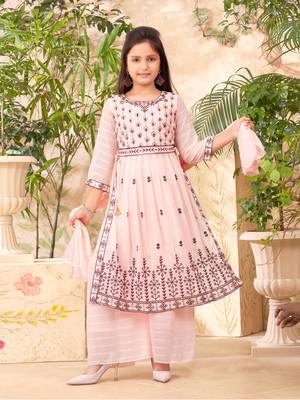 Aarika girls ethnic wear peach colour sequin thread embroidery georgette kurta sharara set 1