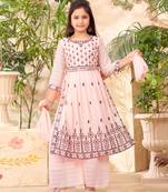 Aarika girls ethnic wear peach colour sequin thread embroidery georgette kurta sharara set