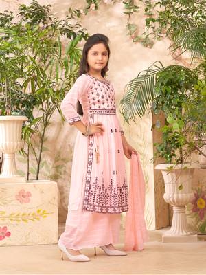 Aarika girls ethnic wear peach colour sequin thread embroidery georgette kurta sharara set 2