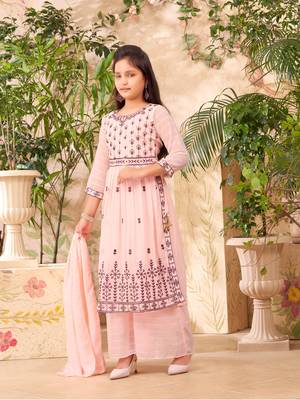 Aarika girls ethnic wear peach colour sequin thread embroidery georgette kurta sharara set 3