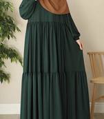 Bottle Green Closed Abaya with Buttons, Umbrella GatherFlare, and Matching Belt .