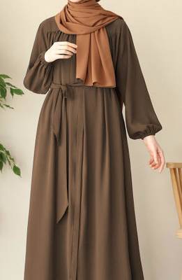 Khaki Color "Front Open Abaya with Zipper Opening, Umbrella Flare, and Matching Belt  1