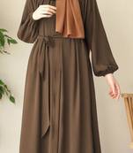 Khaki Color "Front Open Abaya with Zipper Opening, Umbrella Flare, and Matching Belt 