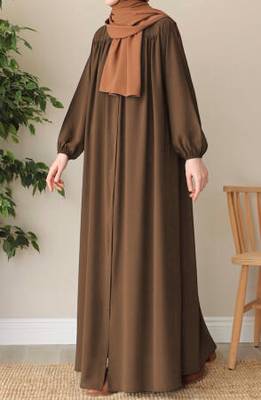 Khaki Color "Front Open Abaya with Zipper Opening, Umbrella Flare, and Matching Belt  3