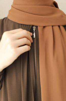 Khaki Color "Front Open Abaya with Zipper Opening, Umbrella Flare, and Matching Belt  4