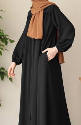 Black Color "Front Open Abaya with Zipper Opening, Umbrella Flare, and Matching Belt 3