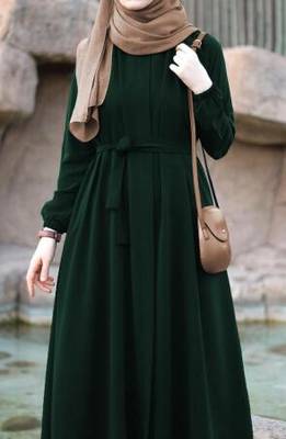 Bottle Green Pretty Front Open Abaya Maxi Length Gathered with Elastic Sleeves, Fabric Belt, and Button Details. 1