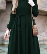 Bottle Green Pretty Front Open Abaya Maxi Length Gathered with Elastic Sleeves, Fabric Belt, and Button Details.