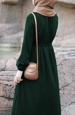 Bottle Green Pretty Front Open Abaya Maxi Length Gathered with Elastic Sleeves, Fabric Belt, and Button Details. 2