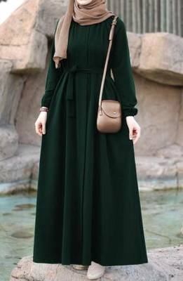 Bottle Green Pretty Front Open Abaya Maxi Length Gathered with Elastic Sleeves, Fabric Belt, and Button Details. 3