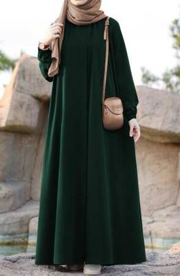 Bottle Green Pretty Front Open Abaya Maxi Length Gathered with Elastic Sleeves, Fabric Belt, and Button Details. 4
