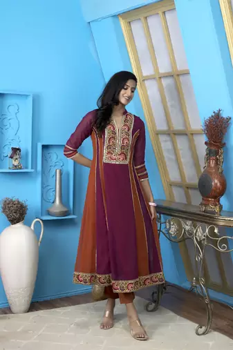 Nikhaar magenta embroidered georgette anarkali kurta &