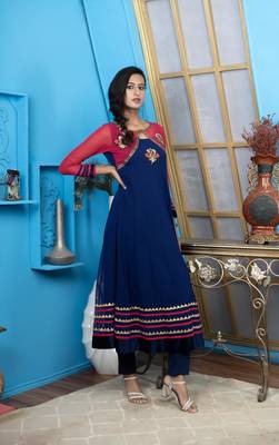 Nikhaar blue embroidered georgette anarkali kurta & 3