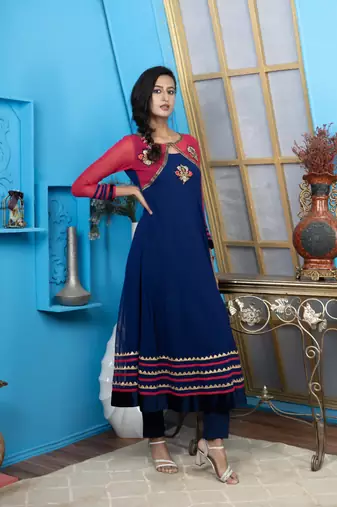 Nikhaar blue embroidered georgette anarkali kurta &