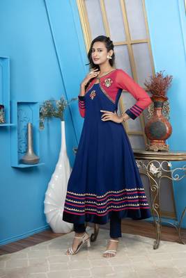 Nikhaar blue embroidered georgette anarkali kurta & 4