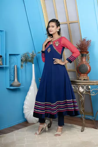 Nikhaar blue embroidered georgette anarkali kurta &