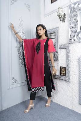 Nikhaar pink embroidered georgette asymmetrical kurta & 1
