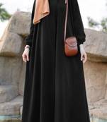 Black Color Pretty Front Open Abaya Maxi Length Gathered with Elastic Sleeves, Fabric Belt, and Button Details