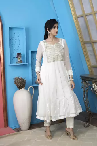 Nikhaar off-white embroidered georgette anarkali kurta &