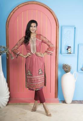 Nikhaar pink embroidered net straight cut kurta & 1