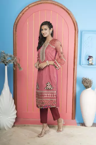 Nikhaar pink embroidered net straight cut kurta &