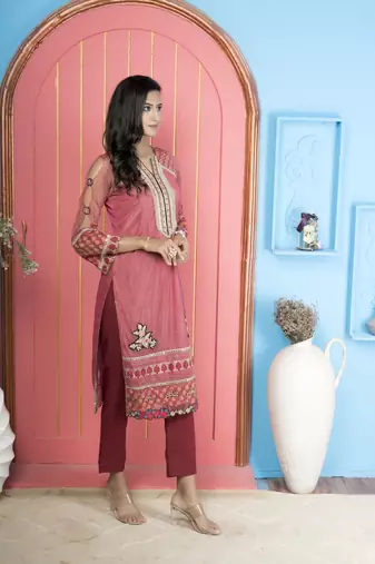 Nikhaar pink embroidered net straight cut kurta &