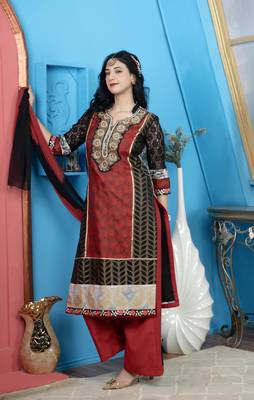 Nikhaar maroon embroidered chanderi straight cut kurta & Only 3