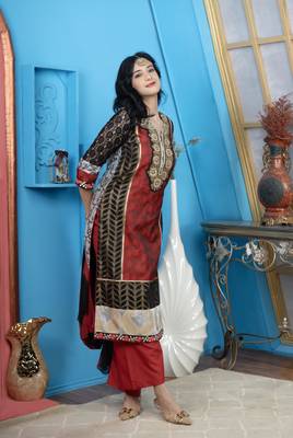 Nikhaar maroon embroidered chanderi straight cut kurta & Only 4