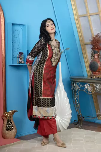 Nikhaar maroon embroidered chanderi straight cut kurta & Only