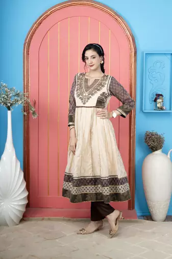 Nikhaar beige embroidered silk anarkali kurta &
