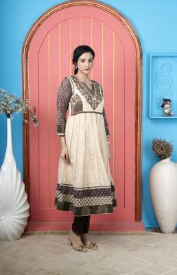 Nikhaar beige embroidered silk anarkali kurta & 4