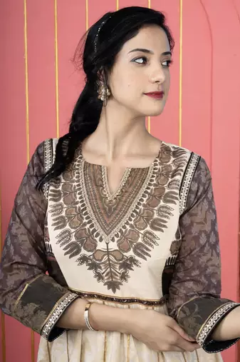 Nikhaar beige embroidered silk anarkali kurta &