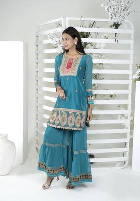 Nikhaar blue embroidered art silk straight cut kurta & Only 3