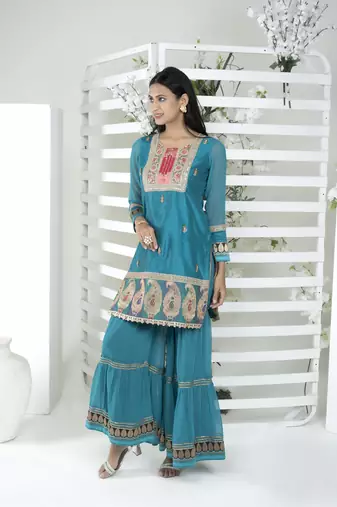 Nikhaar blue embroidered art silk straight cut kurta & Only