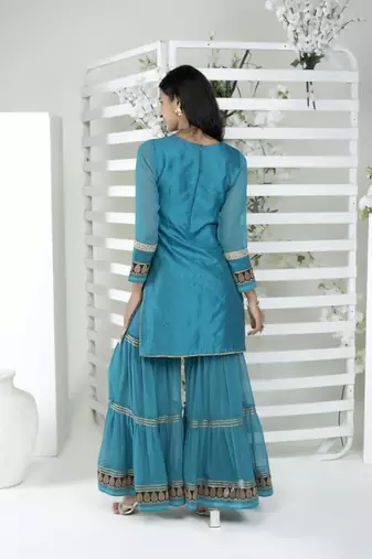 Nikhaar blue embroidered art silk straight cut kurta & Only