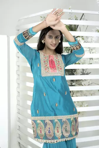 Nikhaar blue embroidered art silk straight cut kurta & Only