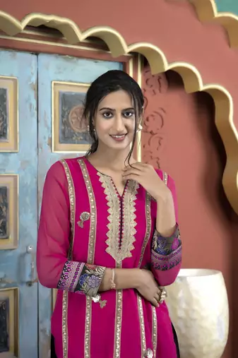 Nikhaar pink embroidered georgette straight cut kurta & Only