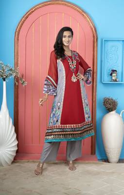 Nikhaar maroon embroidered georgette anarkali kurta & 1