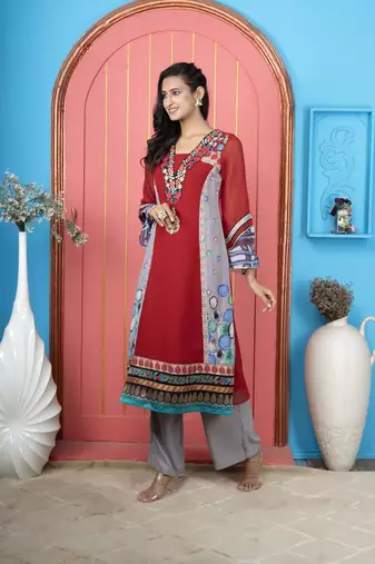 Nikhaar maroon embroidered georgette anarkali kurta &