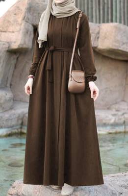 Khaki Color Pretty Front Open Abaya Maxi Length Gathered with Elastic Sleeves, Fabric Belt, and Button Details 1