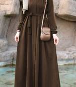 Khaki Color Pretty Front Open Abaya Maxi Length Gathered with Elastic Sleeves, Fabric Belt, and Button Details