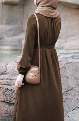 Khaki Color Pretty Front Open Abaya Maxi Length Gathered with Elastic Sleeves, Fabric Belt, and Button Details 2