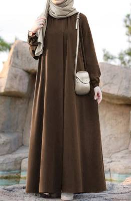 Khaki Color Pretty Front Open Abaya Maxi Length Gathered with Elastic Sleeves, Fabric Belt, and Button Details 3