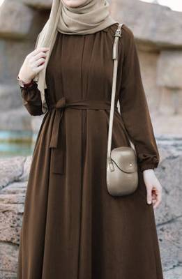 Khaki Color Pretty Front Open Abaya Maxi Length Gathered with Elastic Sleeves, Fabric Belt, and Button Details 4