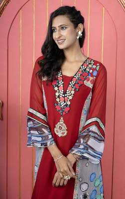 Nikhaar maroon embroidered georgette anarkali kurta & 6