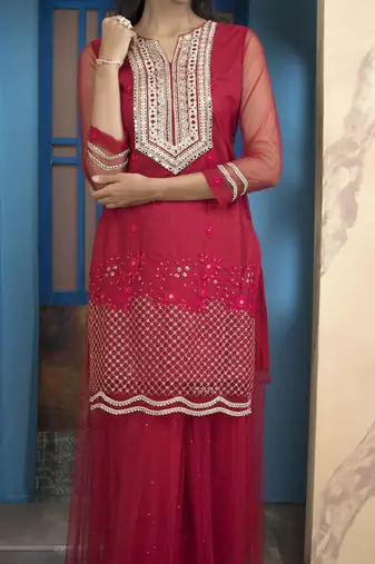 Nikhaar pink embroidered net straight cut kurta & Only