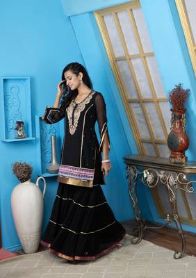 Nikhaar black embroidered georgette straight cut kurta & Only 3