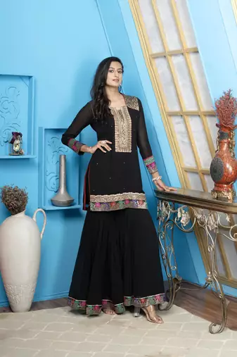 Nikhaar black embroidered georgette straight cut kurta & Only